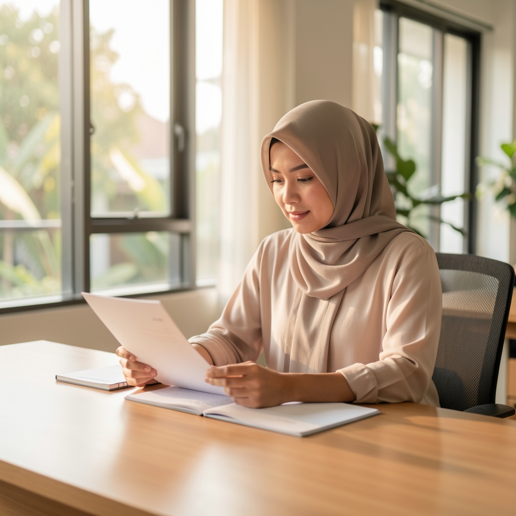 Focused Indonesian man reviewing handwritten notes on nutrition and training at a clean wooden desk in a well-lit minimalist workspace, pen in hand
