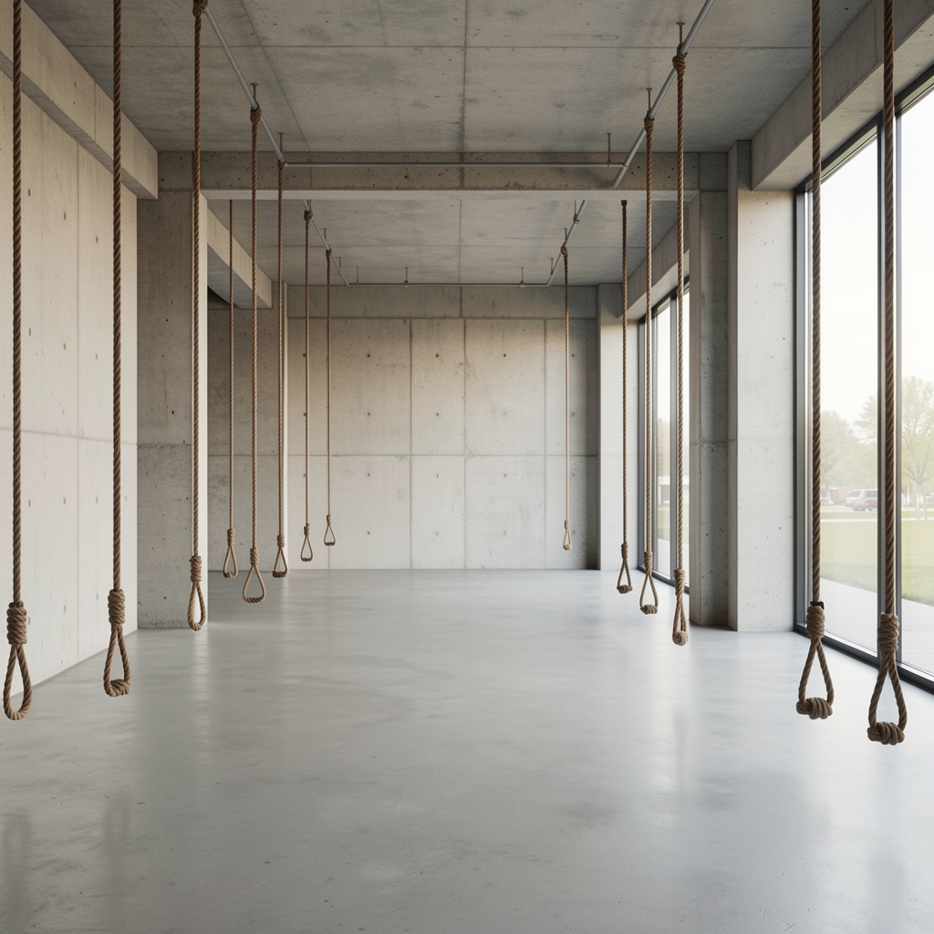 Panoramic view of a South Jakarta fitness space with exposed concrete walls, hanging rope equipment, and natural light from floor-to-ceiling windows, empty and calm