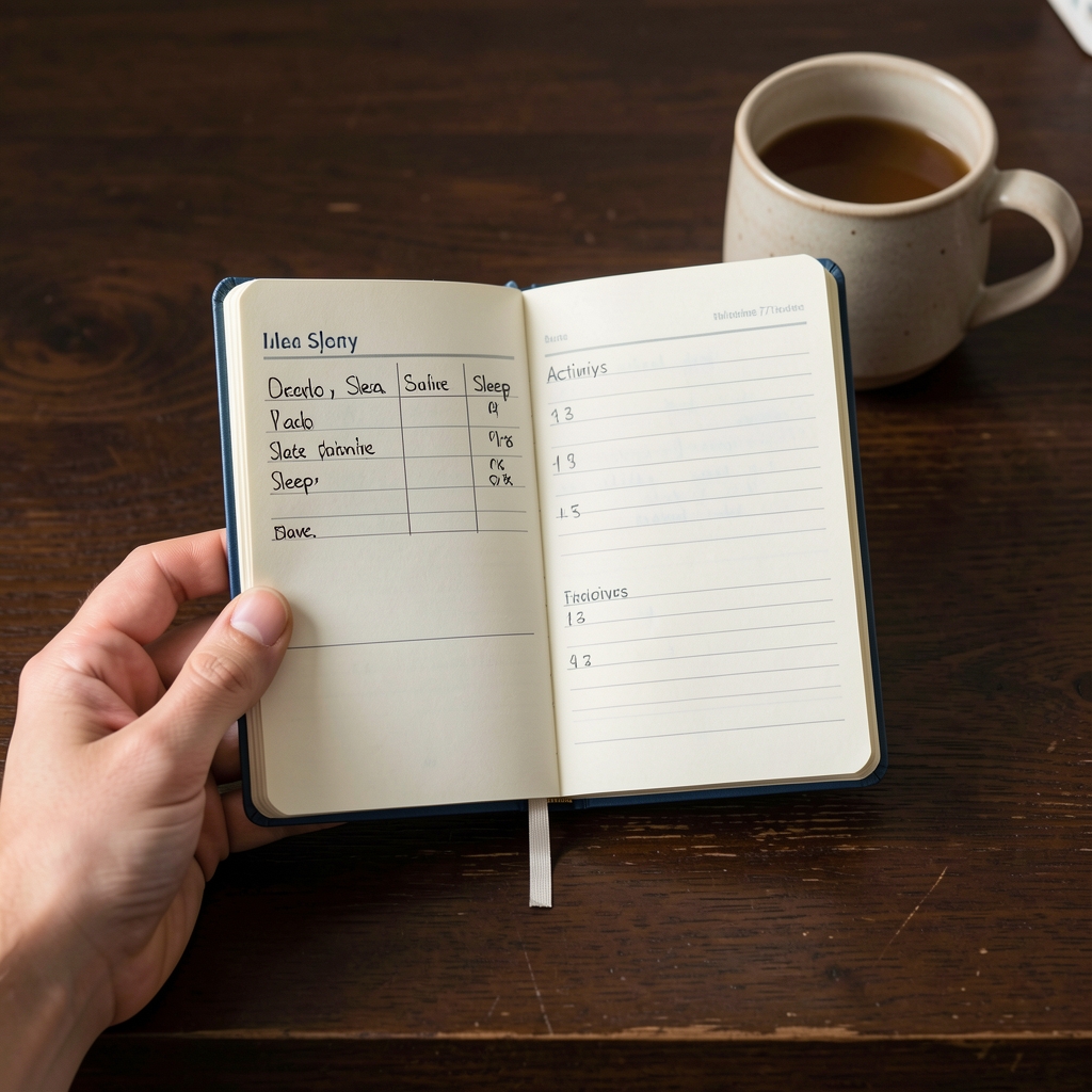 Hand holding a small wellness tracking journal open to a page with handwritten sleep and activity logs, dark wood desk surface and a ceramic cup in background