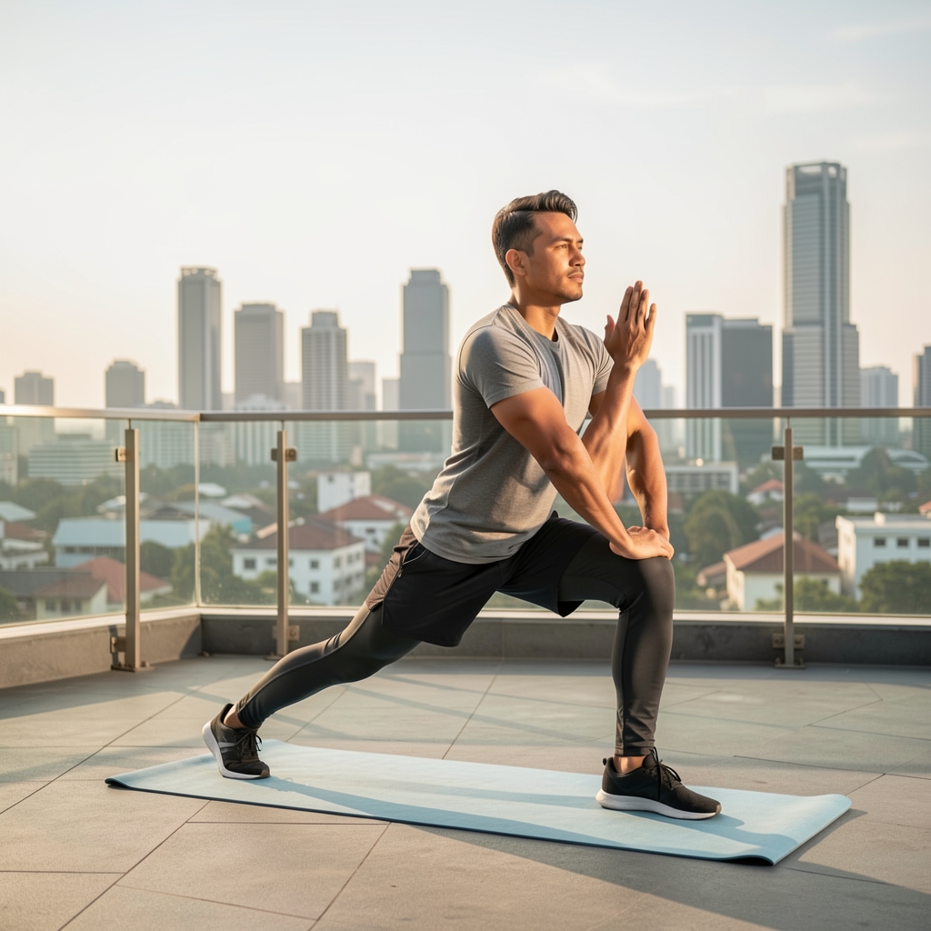Athletic Indonesian man in activewear performing a morning stretch routine on a sunlit rooftop overlooking the Jakarta skyline, calm and focused expression