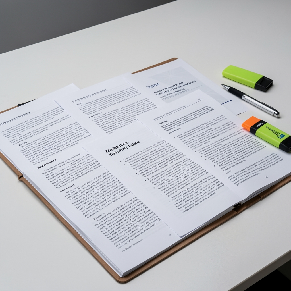 Research papers and journals spread across a clean desktop surface with a pen and highlighter, under controlled studio lighting, conveying systematic academic review