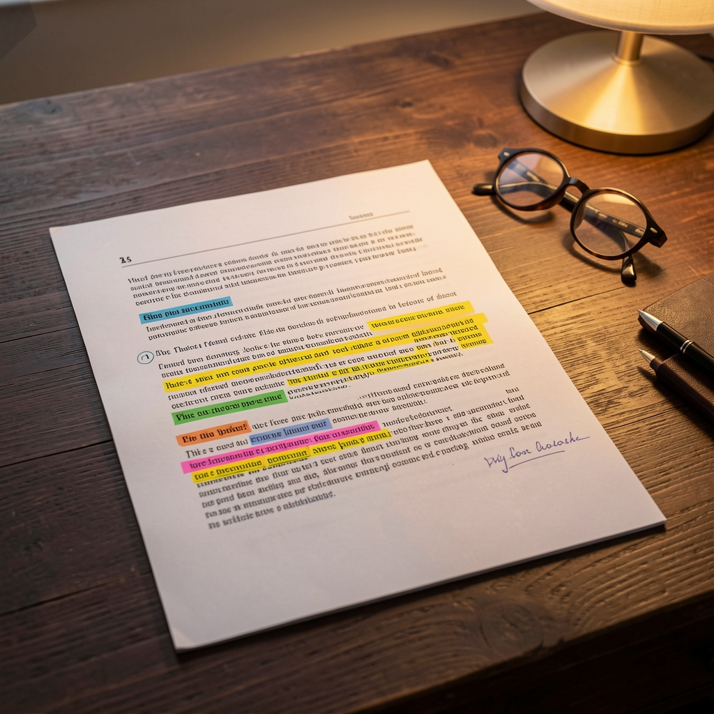 Close-up of a printed research study with highlighted sections and margin notes on a dark wooden desk, with reading glasses folded beside it and warm lamp illumination