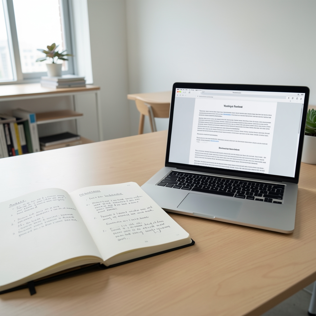 Open notebook with structured handwritten editorial notes beside a laptop screen showing a wellness article draft in a minimalist Jakarta editorial office setting