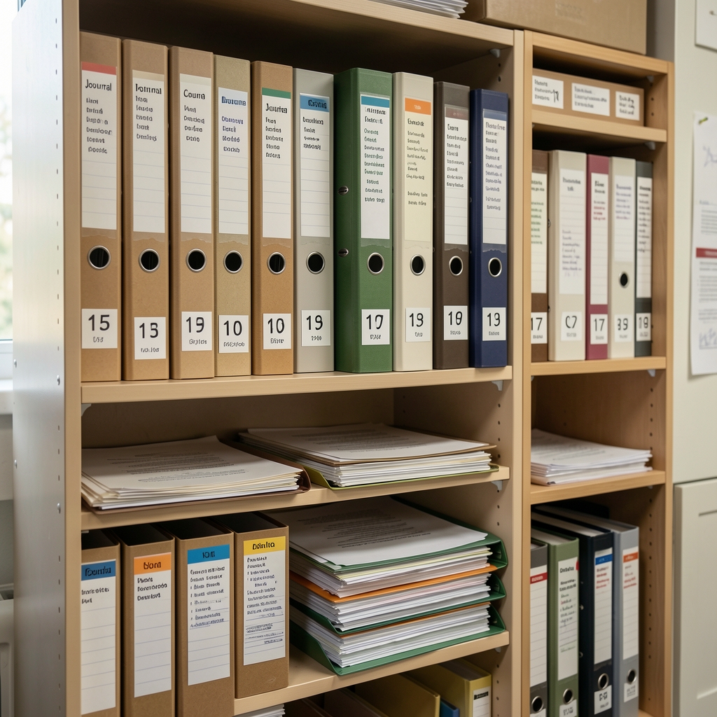 Neat archive shelf with labelled binders and folders containing printed journal entries and research references, organised chronologically in a tidy editorial workspace