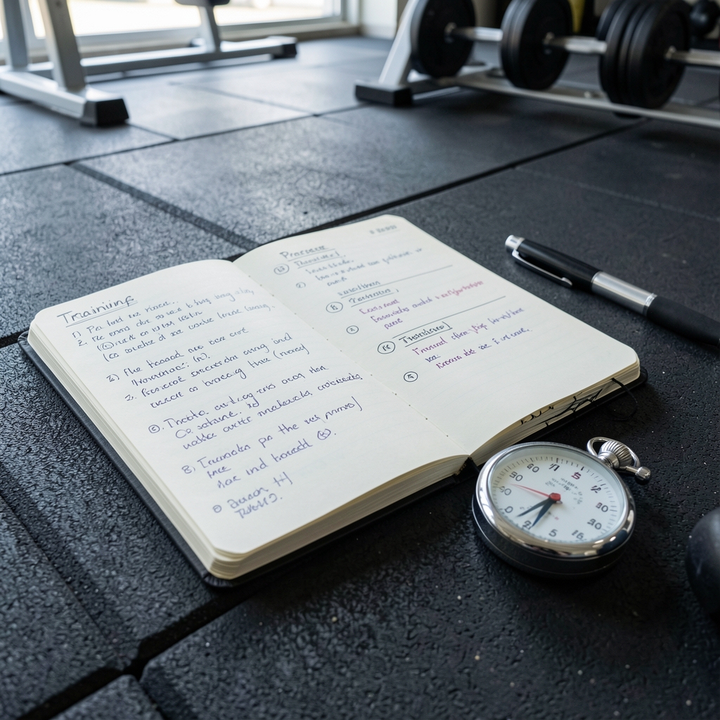 Close-up of a training journal and stopwatch on a gym floor, natural light showing handwritten workout notes and progress markers