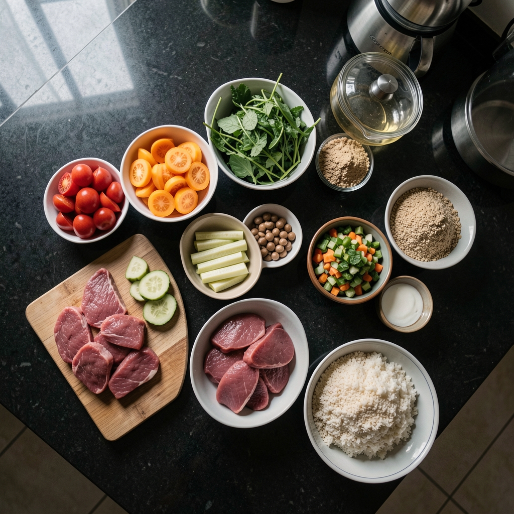 Overhead view of a carefully arranged meal prep setup with lean proteins, vegetables, and grains on a dark kitchen counter in an Indonesian apartment