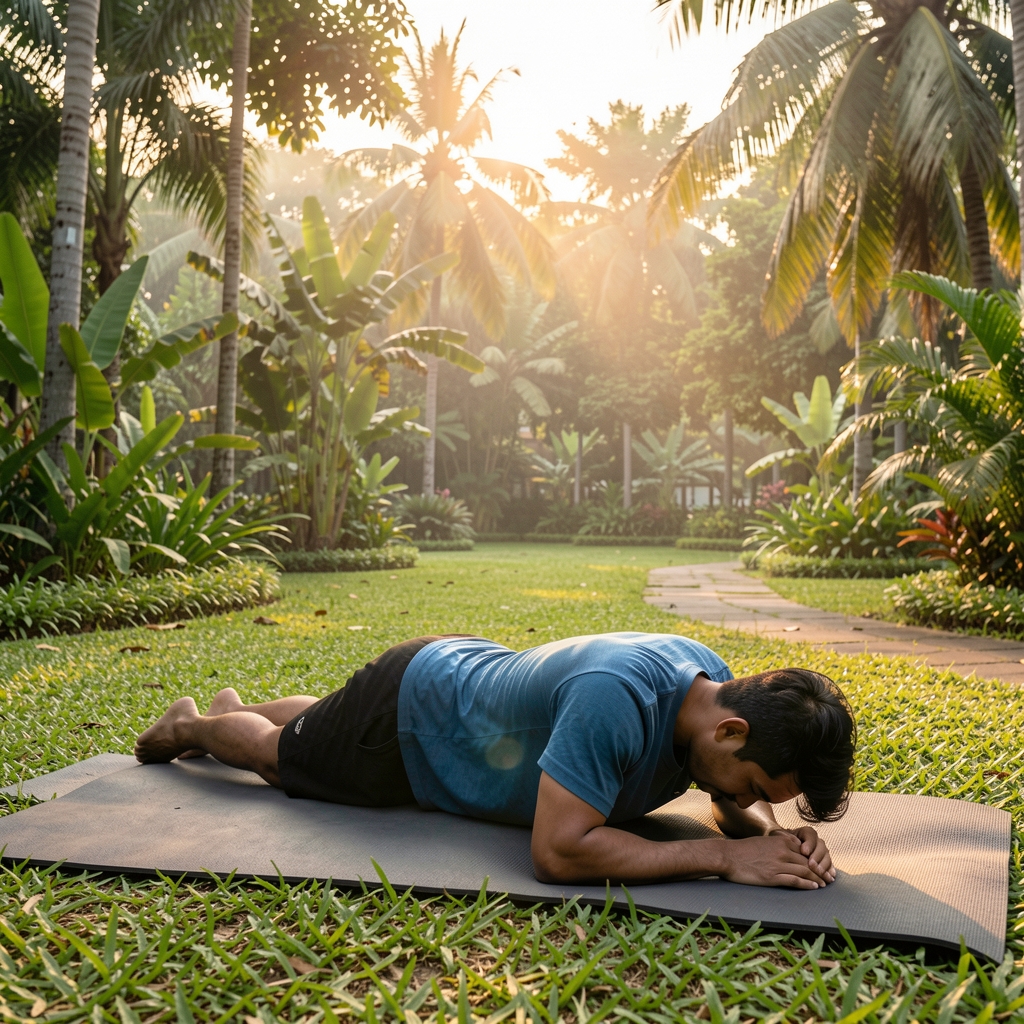 Man lying on a yoga mat in a recovery position during outdoor morning exercise session, surrounded by tropical greenery in a Jakarta park at dawn