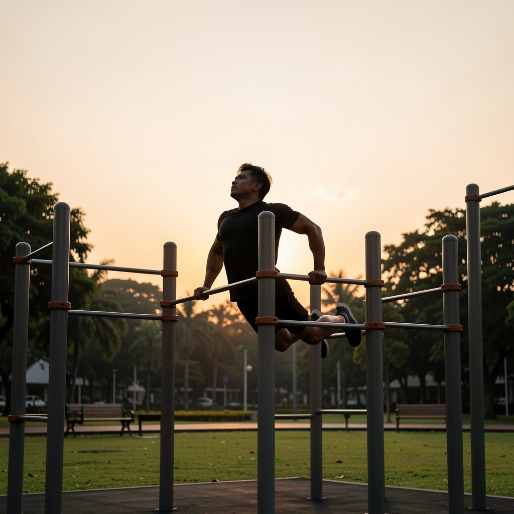 Man performing a bodyweight pull-up on outdoor training bars in a Jakarta park at dawn, strong silhouette against a pale orange sky, focused and controlled posture