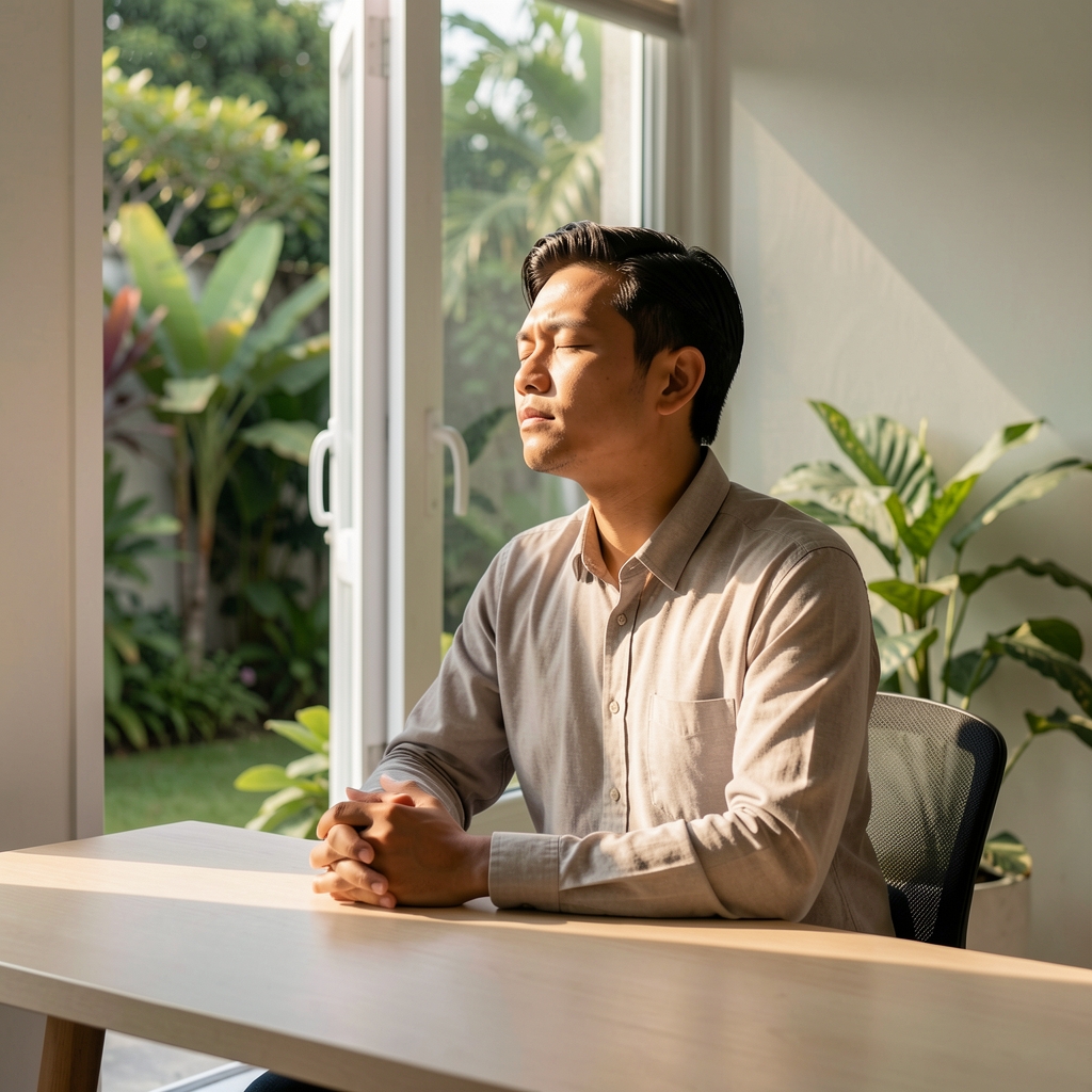 Indonesian man seated in a quiet posture at a minimalist desk by an open window overlooking a garden, eyes closed, sunlight on his face, representing measured stillness
