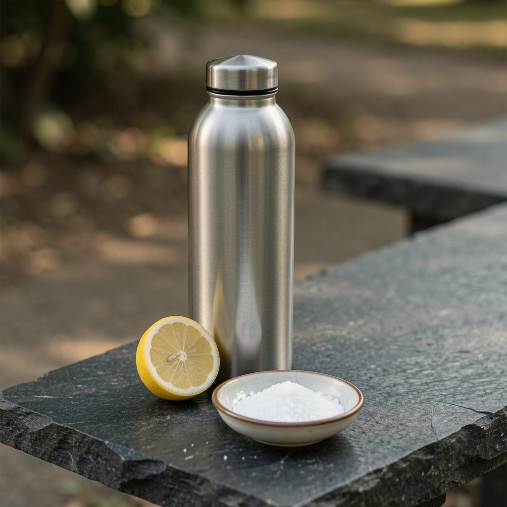 Close-up of a stainless steel water bottle, a sliced lemon, and a small ceramic dish of sea salt on a dark stone bench, representing structured hydration preparation