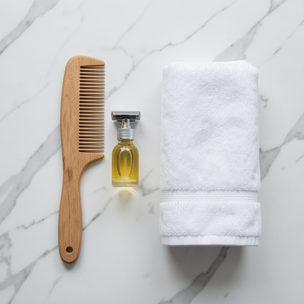 Organised grooming flat-lay on a white marble surface: a wooden comb, a small glass bottle of oil, a razor, and a folded white towel arranged with precision under clean diffused lighting