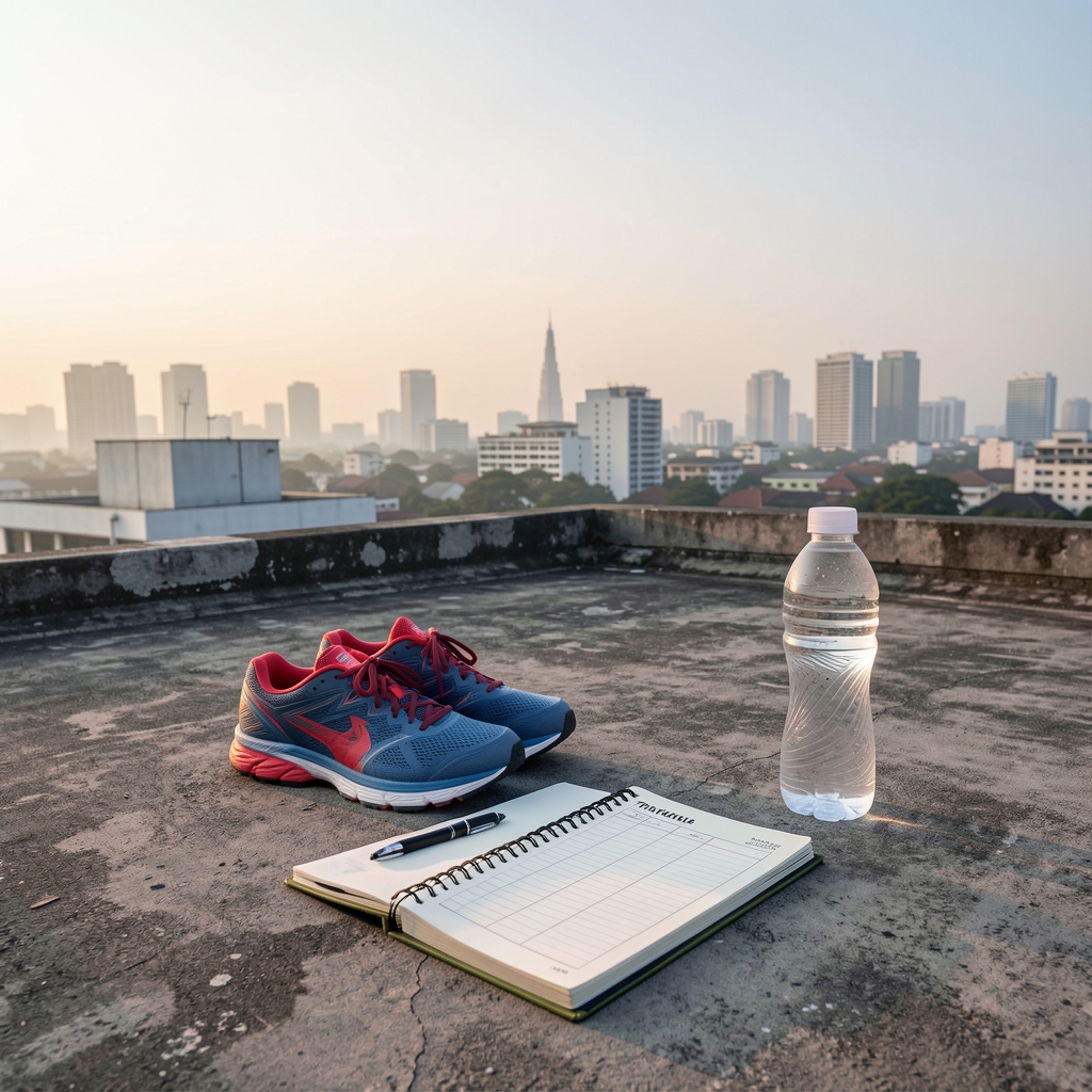 Early morning view from a Jakarta rooftop terrace with running shoes, a water bottle, and a training log notebook laid out on concrete, soft pre-dawn light