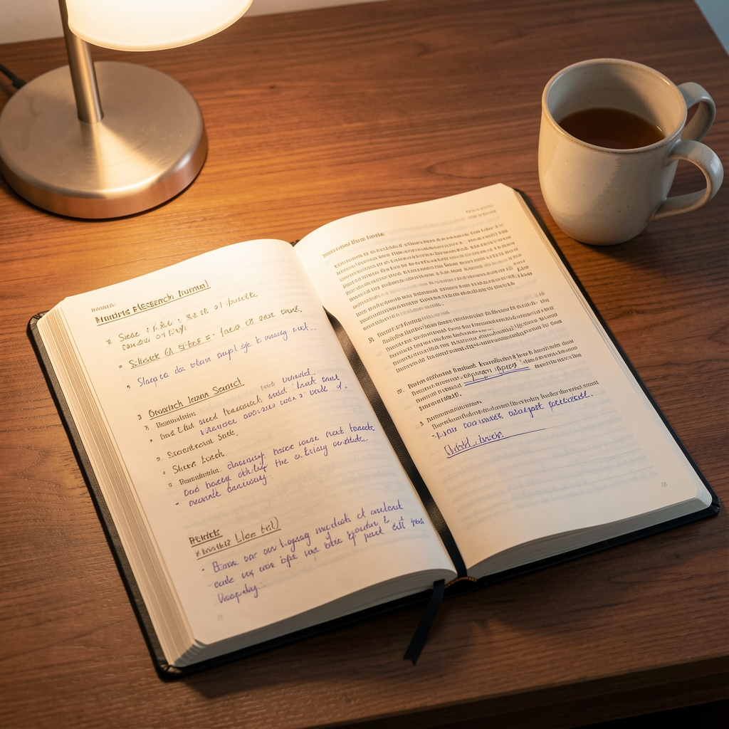 Open research journal with handwritten notes on sleep cycles and hydration scheduling laid flat on a wooden desk with a ceramic cup beside it under warm lamp light