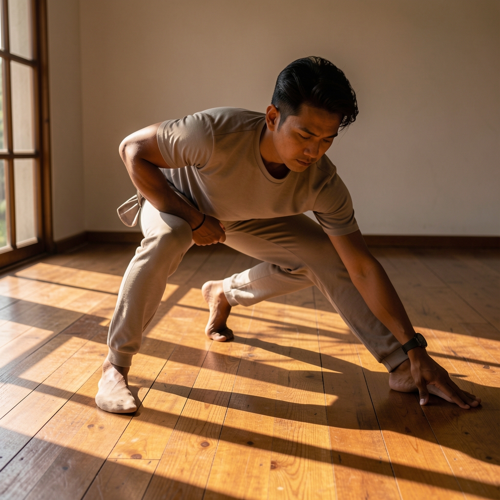 Indonesian man in a focused stretching posture on a timber floor with sunlight casting long shadow patterns across the room, wearing neutral athletic clothing
